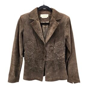Margaret Godfrey Petite Brown Suede Floral Embroidered Blazer Jacket Women Y2K